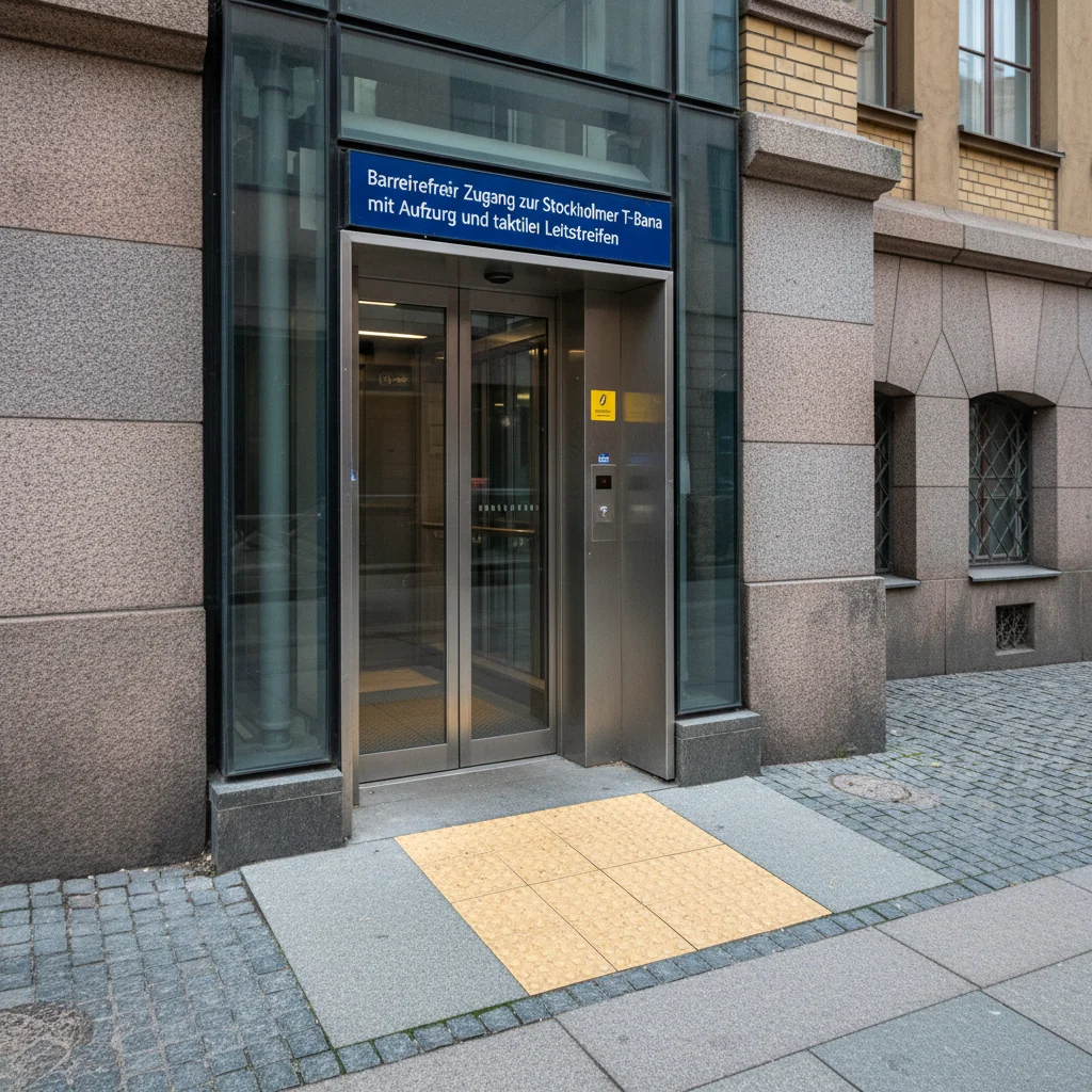Barrierefreier Zugang zur Stockholmer T-Bana mit Aufzug und taktilen Leitstreifen