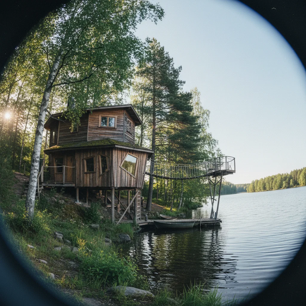 Baumhaus am finnischen See im Morgenlicht