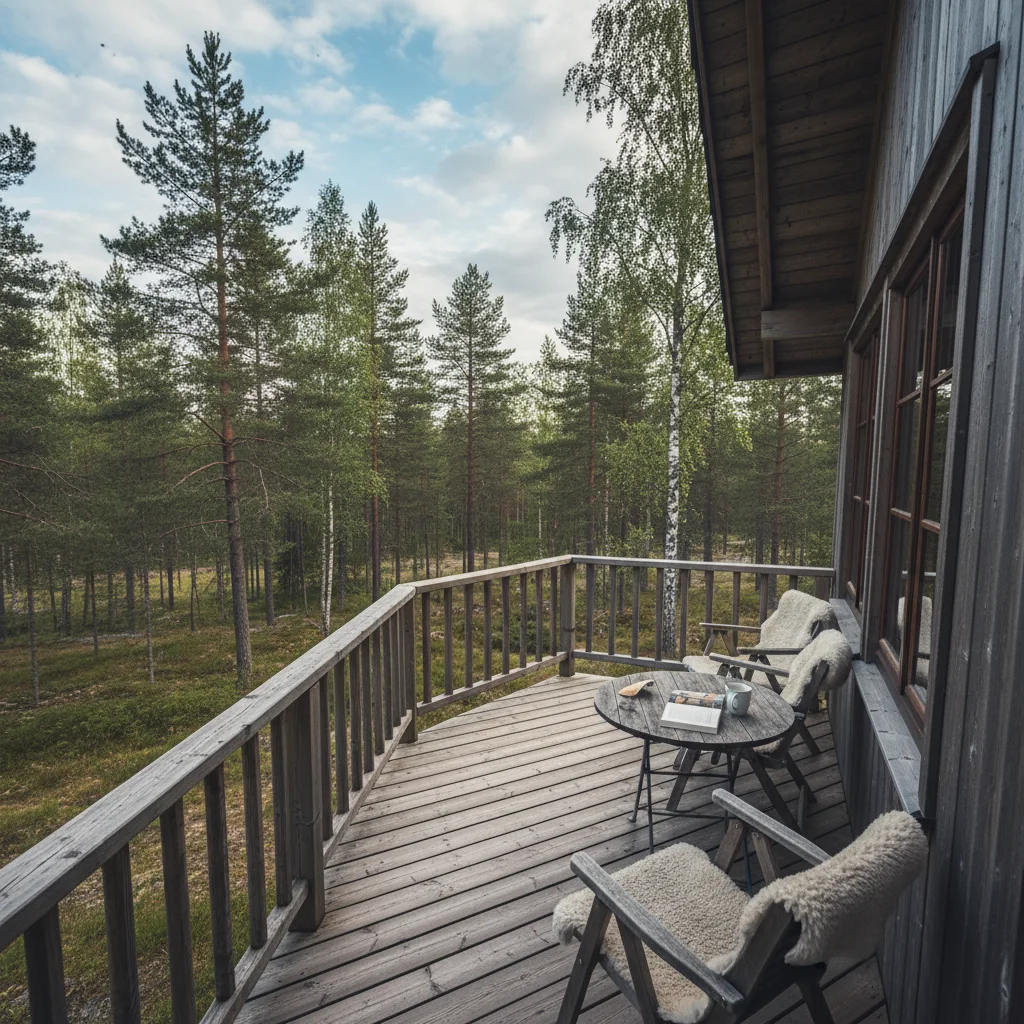 Terrasse eines Baumhauses mit Blick über den finnischen Wald