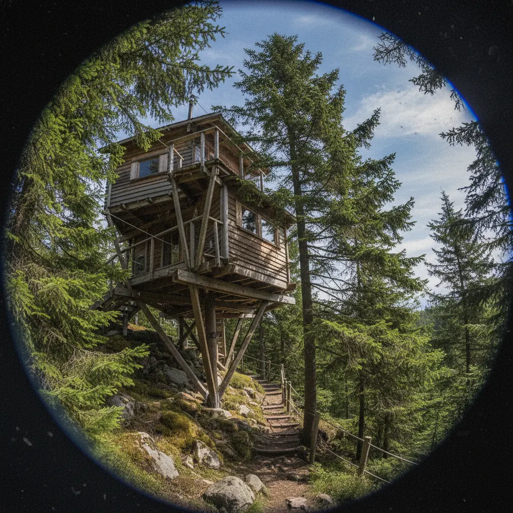 Baumhaus zwischen hohen Kiefern im finnischen Wald