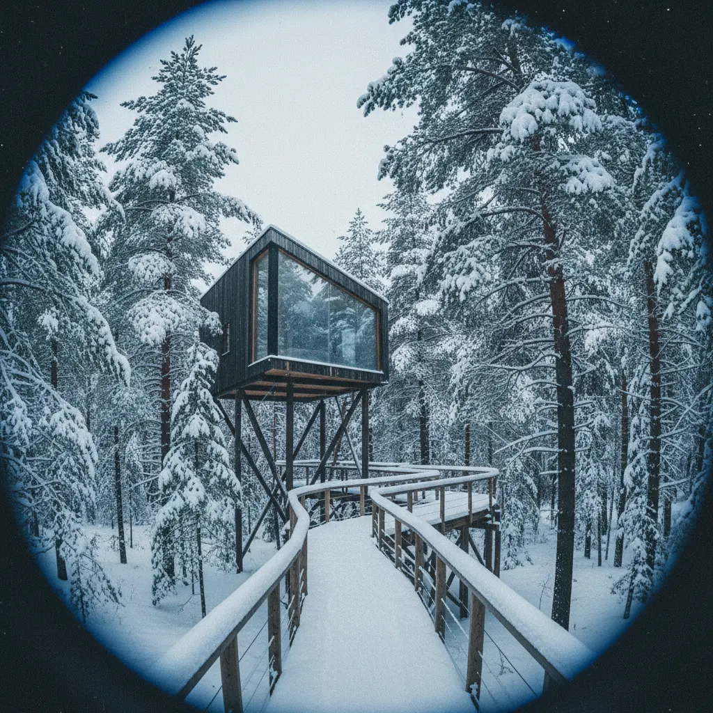 Verschneites Baumhaus im finnischen Winter