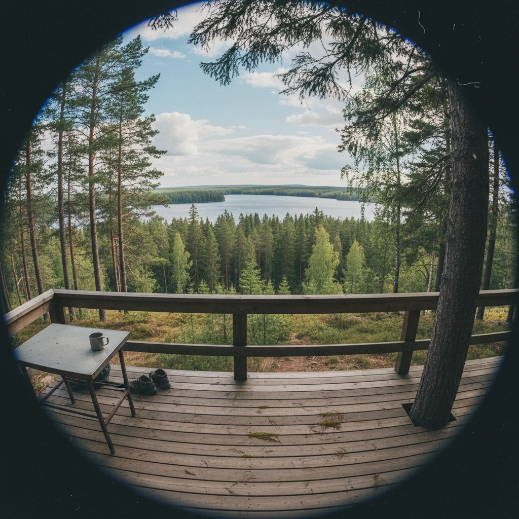 Terrasse eines Baumhauses mit Blick über den Wald