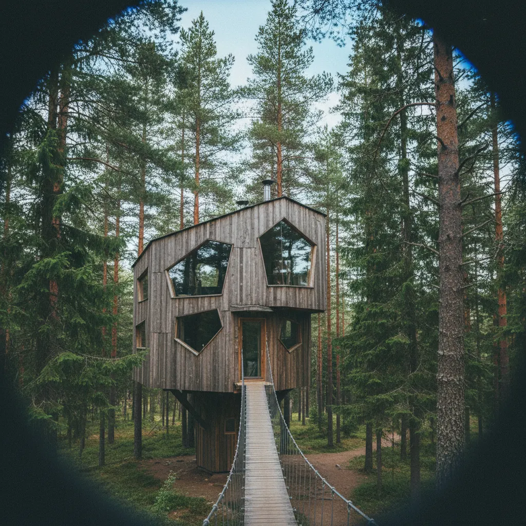 Baumhaus in einem norwegischen Kiefernwald