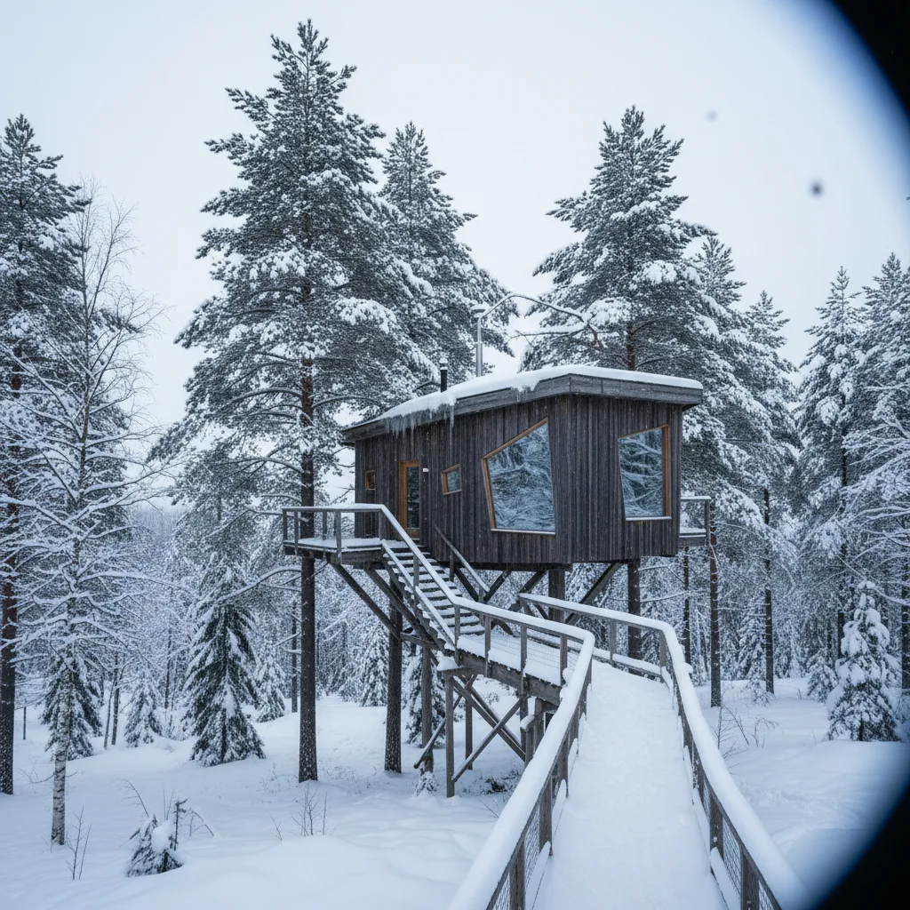 Baumhaus im verschneiten norwegischen Wald