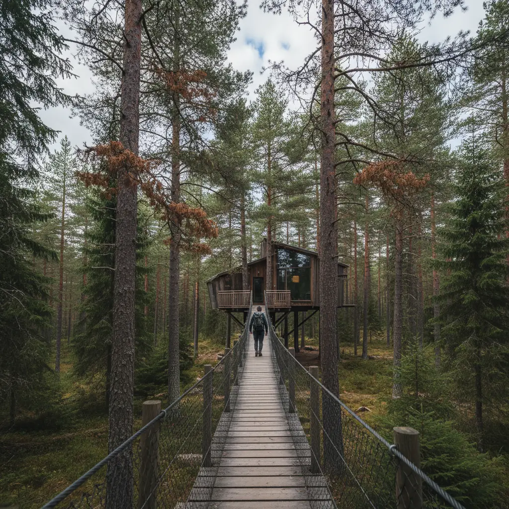Holzbrücke und Treppe als Zugang zu einem Baumhaushotel im schwedischen Wald