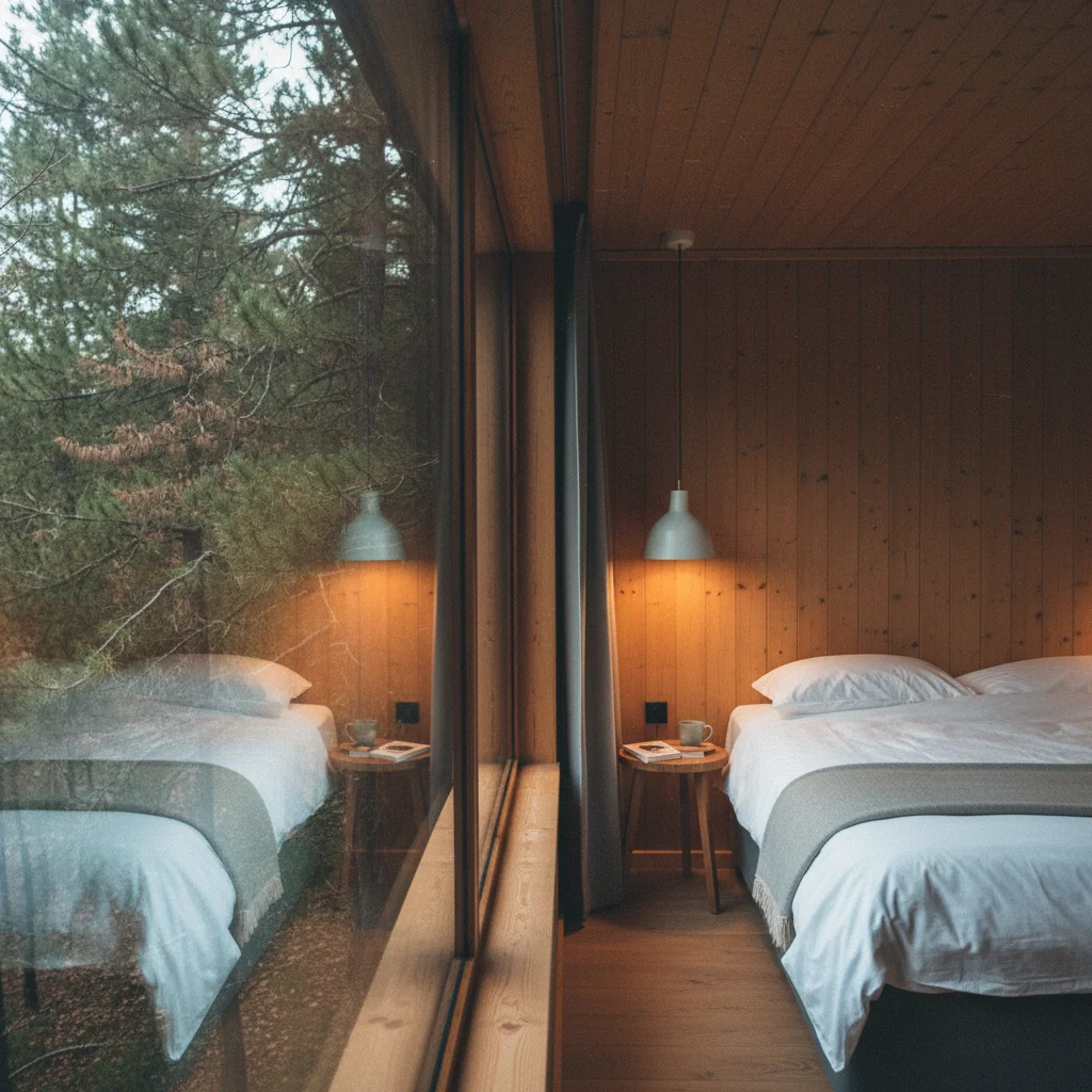 Innenansicht eines Baumhaus-Zimmers im Treehotel mit Panoramafenstern und Holzverkleidung