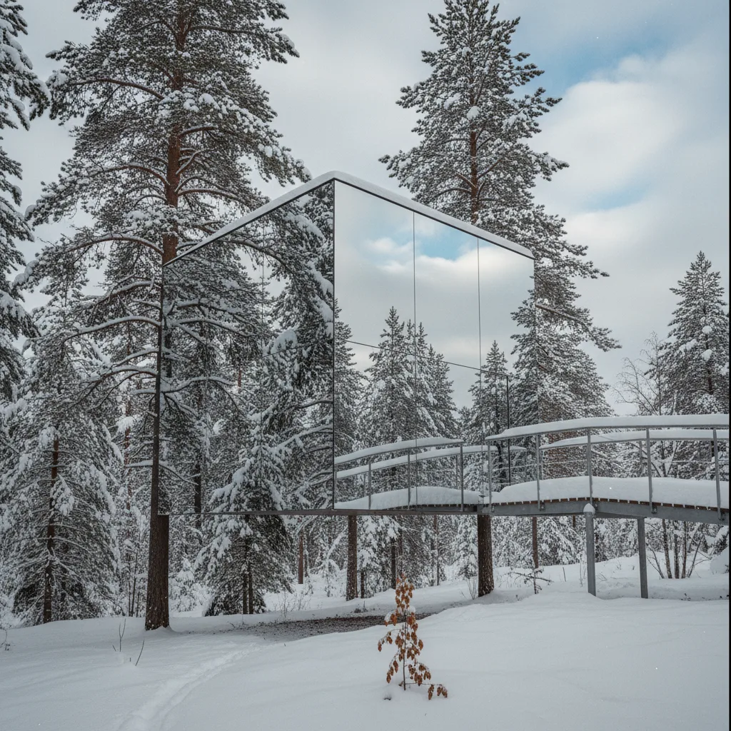 Der Mirrorcube des Treehotel in Harads, ein verspiegelter Würfel in den Baumkronen der schwedischen Kiefern