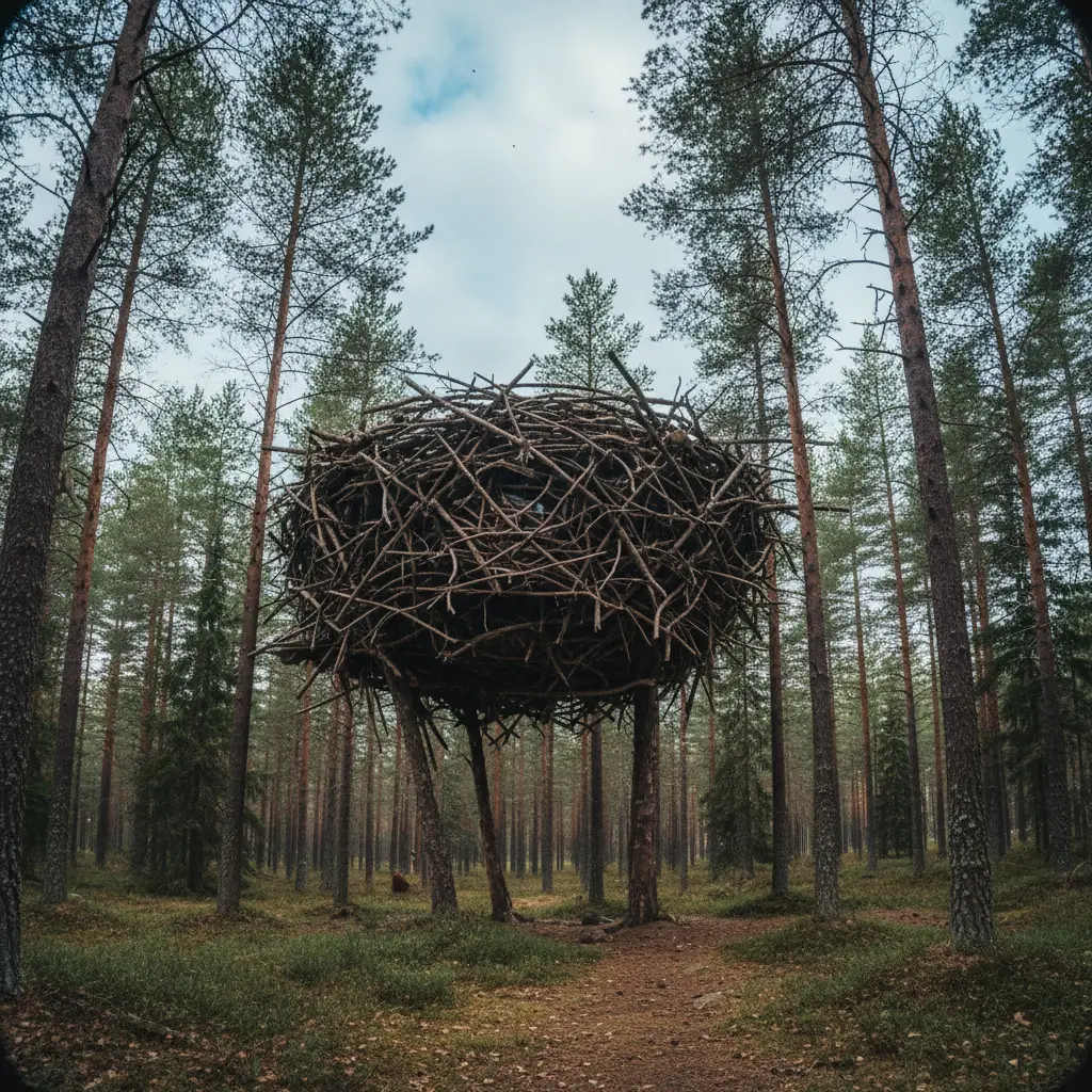 Das Bird's Nest Baumhaus im Treehotel Harads, umhüllt von einem Geflecht aus Ästen und Holz