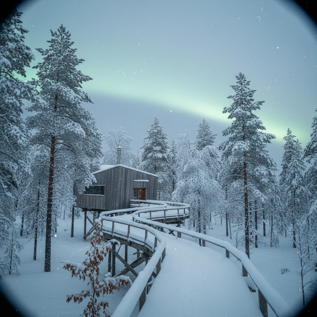 Baumhaushotel im schwedischen Winter mit Schnee auf Kiefern und Nordlicht am Himmel
