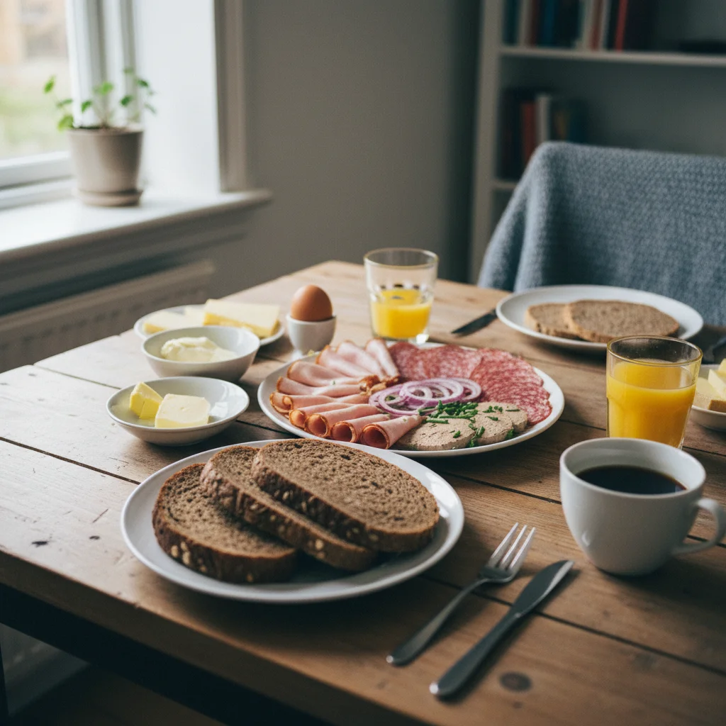 Dänisches Frühstück mit Rugbrød und Aufschnitt