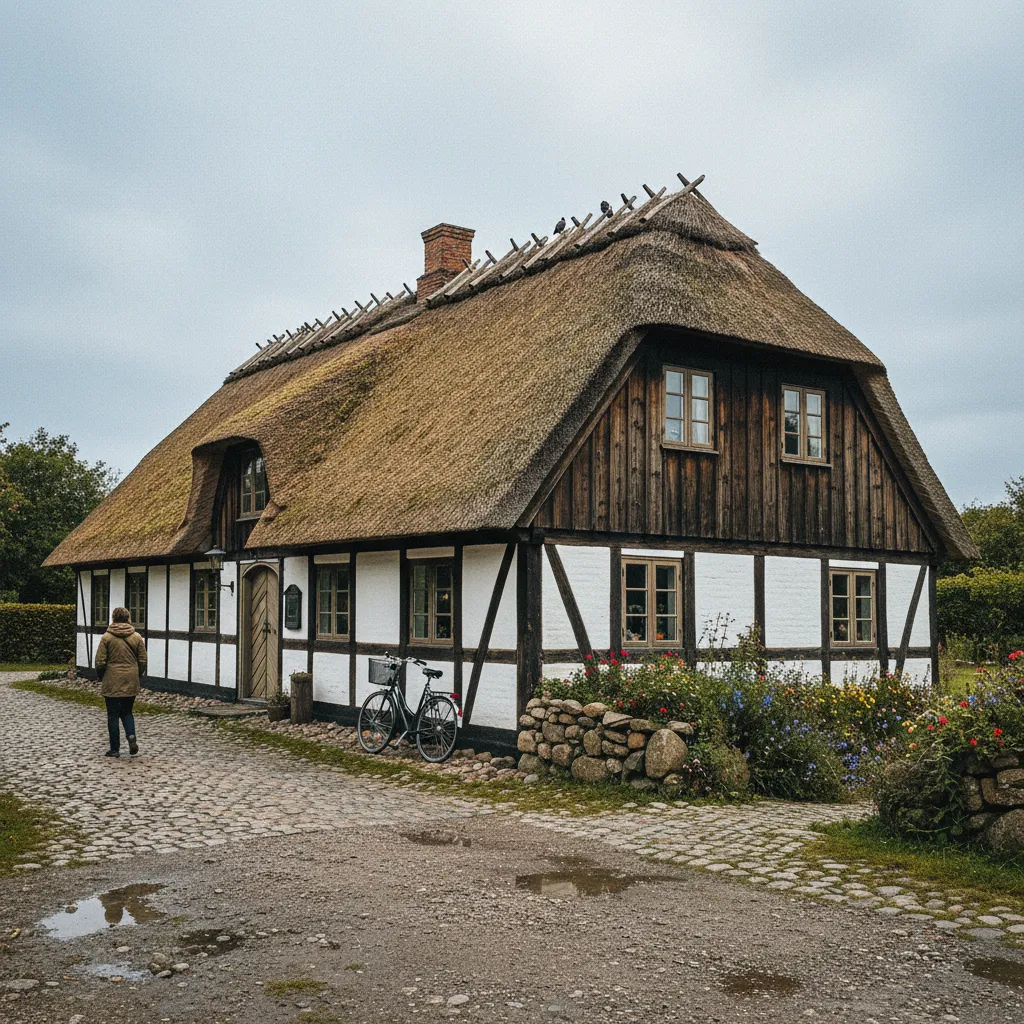 Historische dänische Kro mit Fachwerk und Reetdach