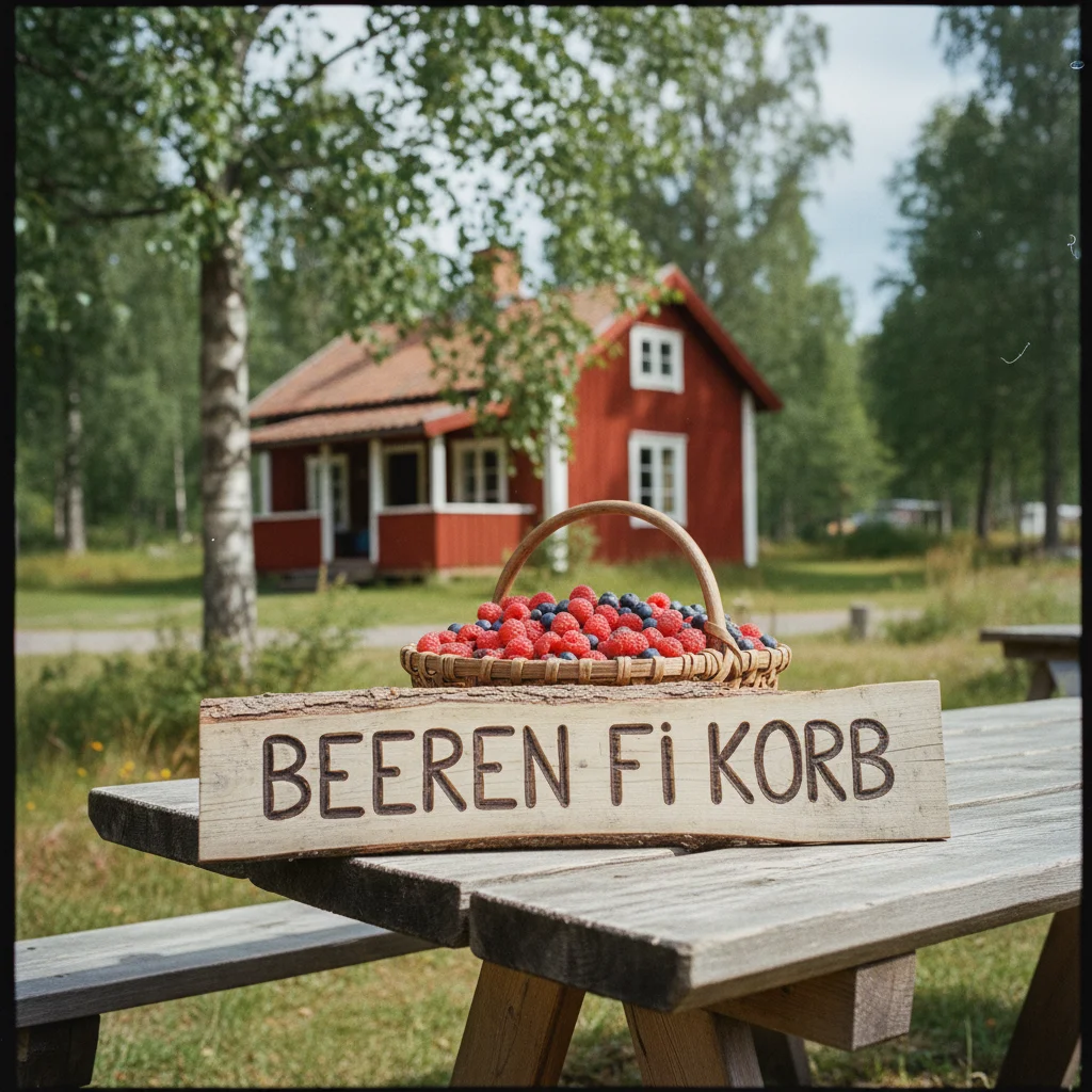 Korb voller frisch gesammelter Beeren und Pilze im finnischen Wald