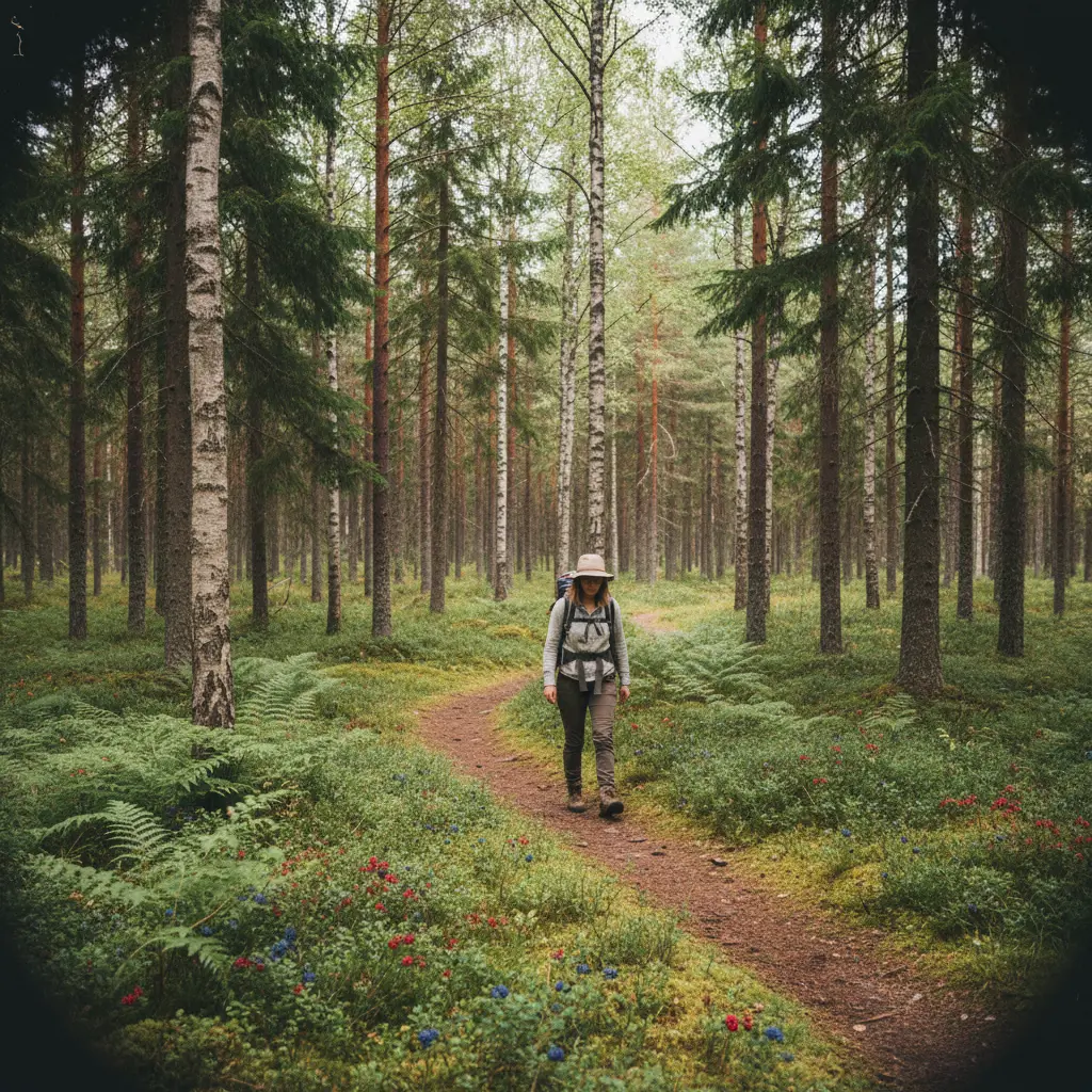 Lichter Kiefernwald mit Blaubeersträuchern in Finnland