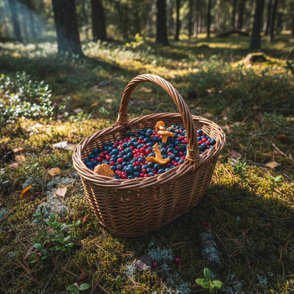Korb mit gesammelten Pilzen und Beeren aus dem norwegischen Wald