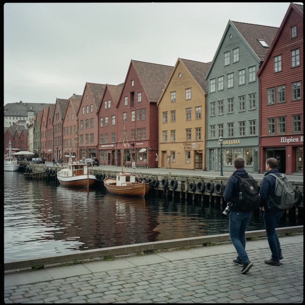 Hotelzimmer mit Blick auf die bunten Holzhäuser von Bryggen in Bergen