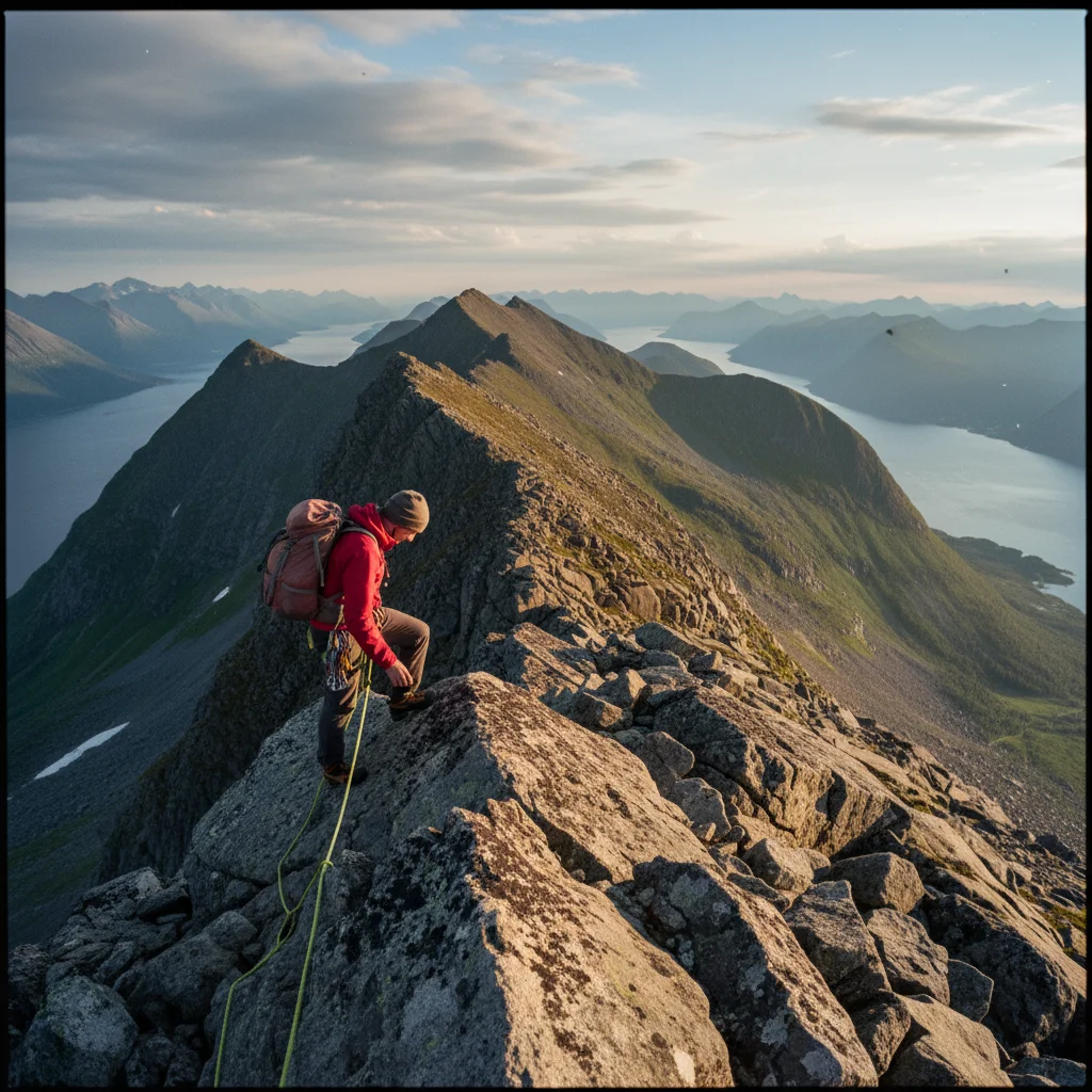 Bergsteiger auf einem Lofoten-Gipfel mit Blick aufs Meer