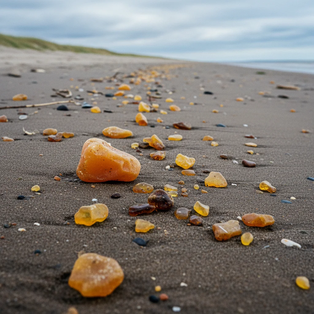 Roher Bernstein verschiedener Größen auf Sandstrand
