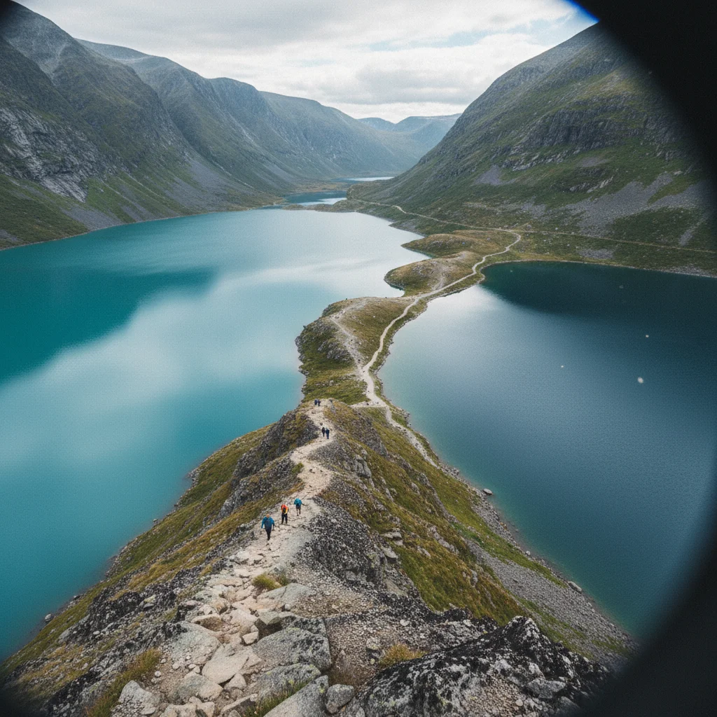 Blick vom Besseggen auf Gjende und Bessvatnet, zwei Seen in unterschiedlichen Farben