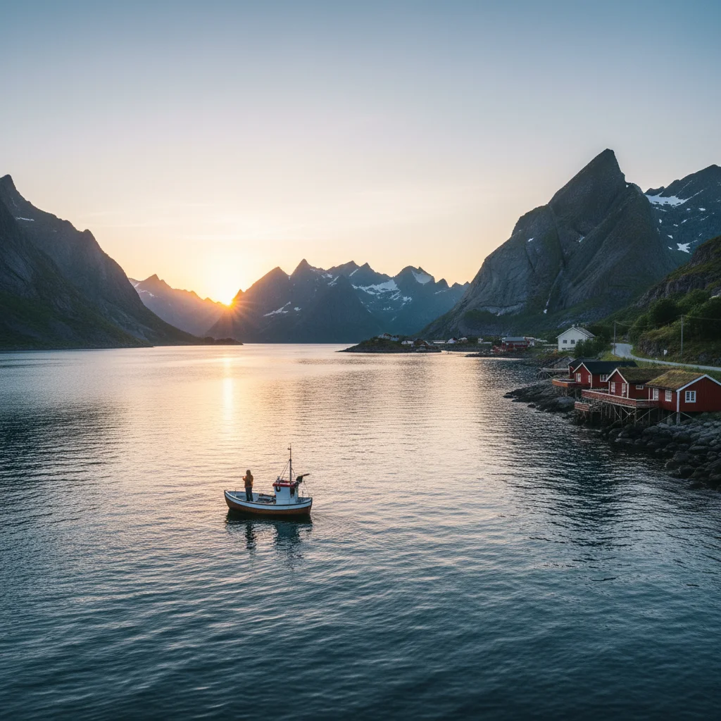 Mitternachtssonne über einem norwegischen Fjord im Sommer