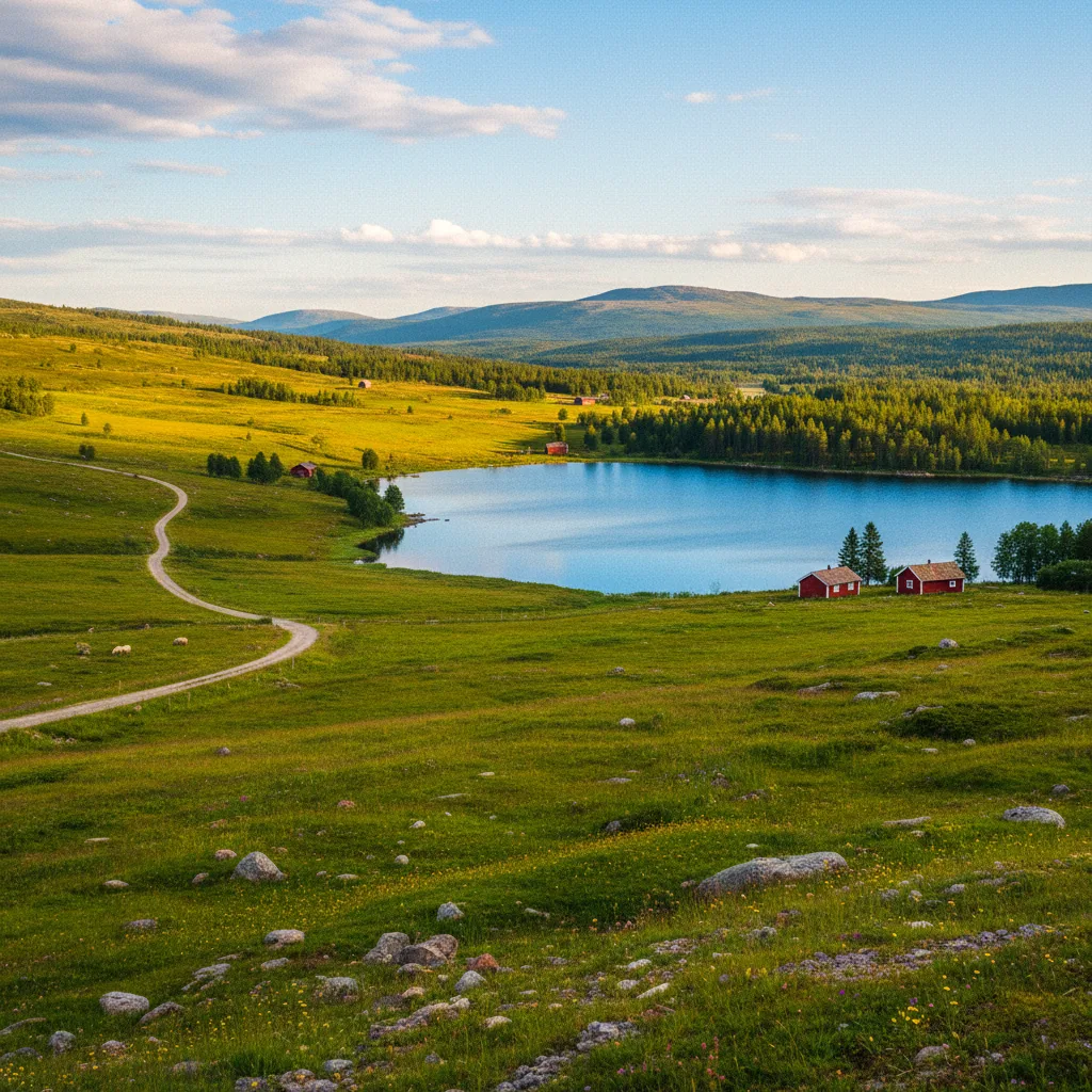 Sommerliche Landschaft in Skandinavien mit grünen Wiesen und blauem See