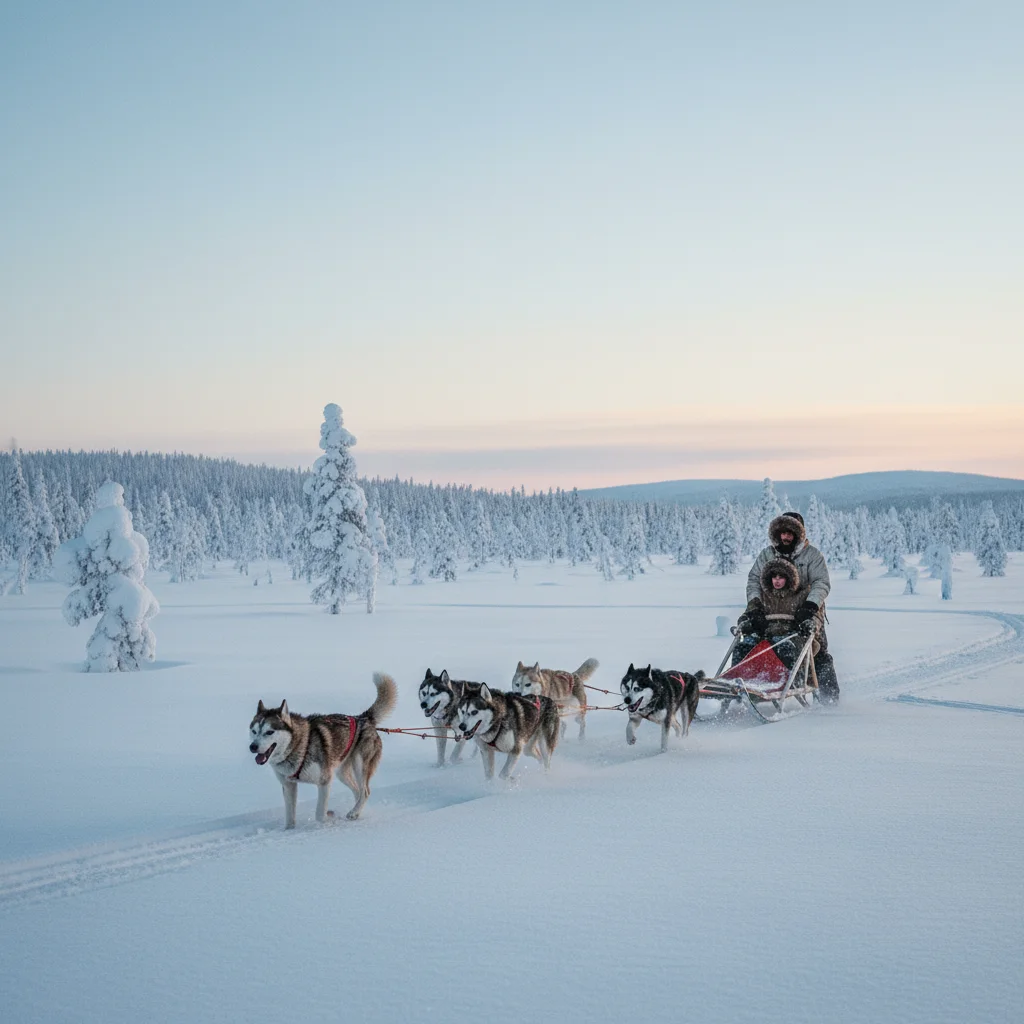 Hundeschlittenfahrt durch eine verschneite Winterlandschaft in Lappland