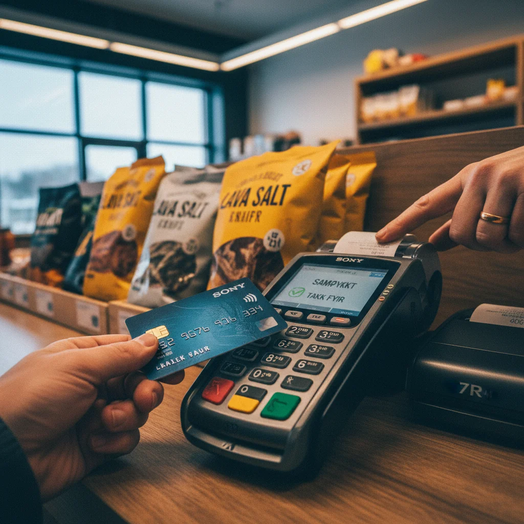 Kontaktloses Bezahlen mit Kreditkarte an einem Kartenterminal in einem isländischen Laden