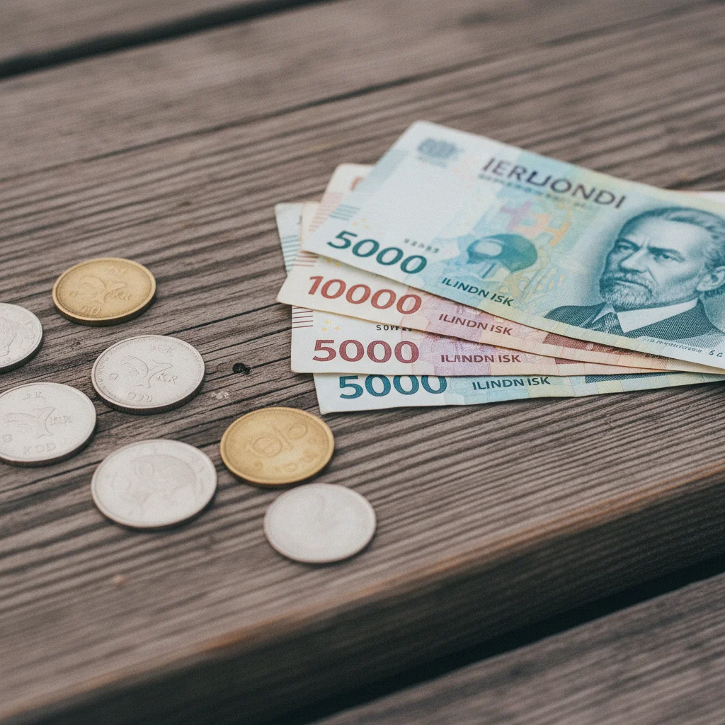 Isländische Kronenmünzen und Banknoten auf einer Holzfläche