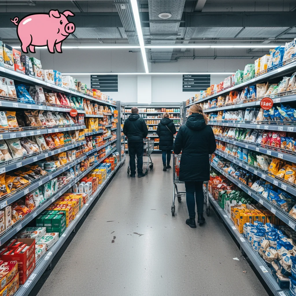 Innenansicht eines isländischen Bonus-Supermarkts mit Schwein-Logo