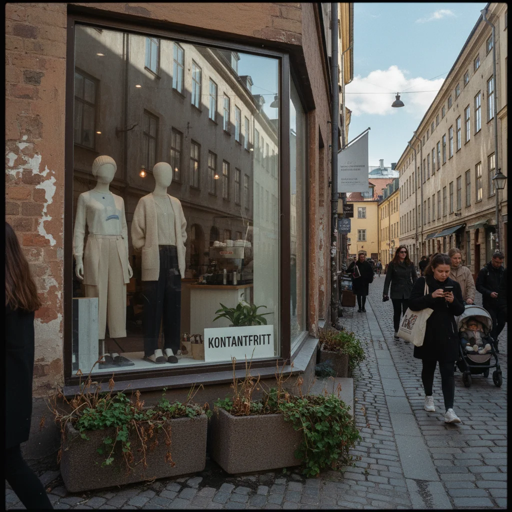 Schild an einer schwedischen Ladentür: Vi hanterar inte kontanter -- Wir akzeptieren kein Bargeld