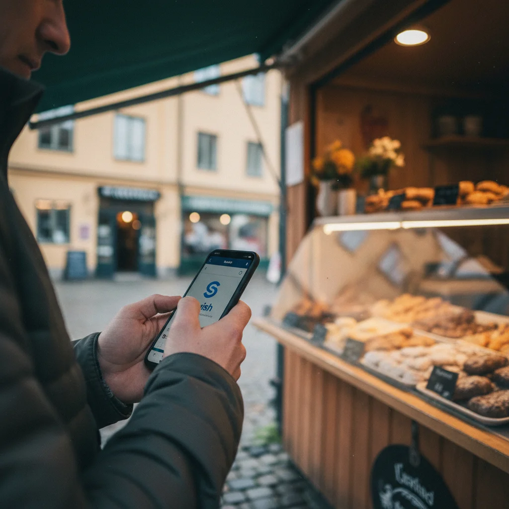Swish-App auf einem Smartphone mit schwedischem Zahlungsvorgang auf einem Flohmarkt