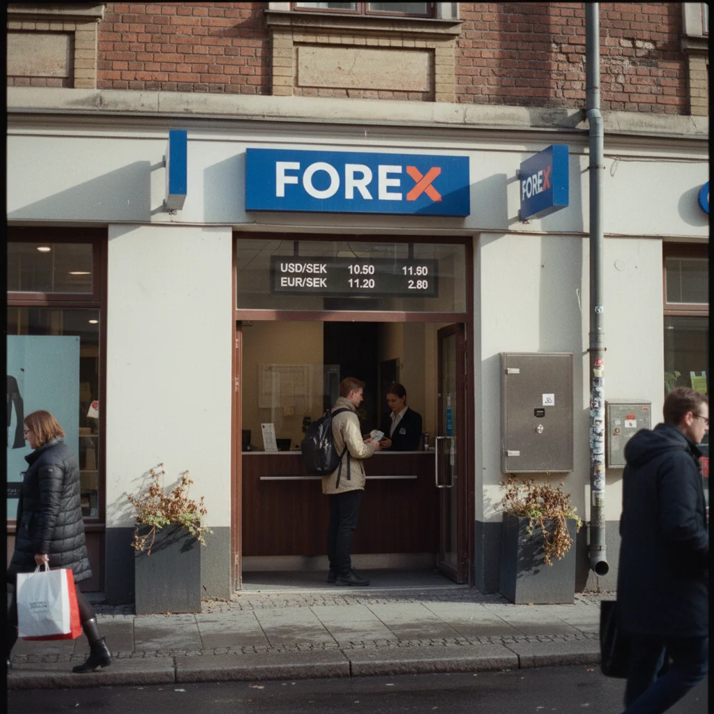 Forex-Wechselstube am Stockholmer Hauptbahnhof mit Wechselkursanzeige