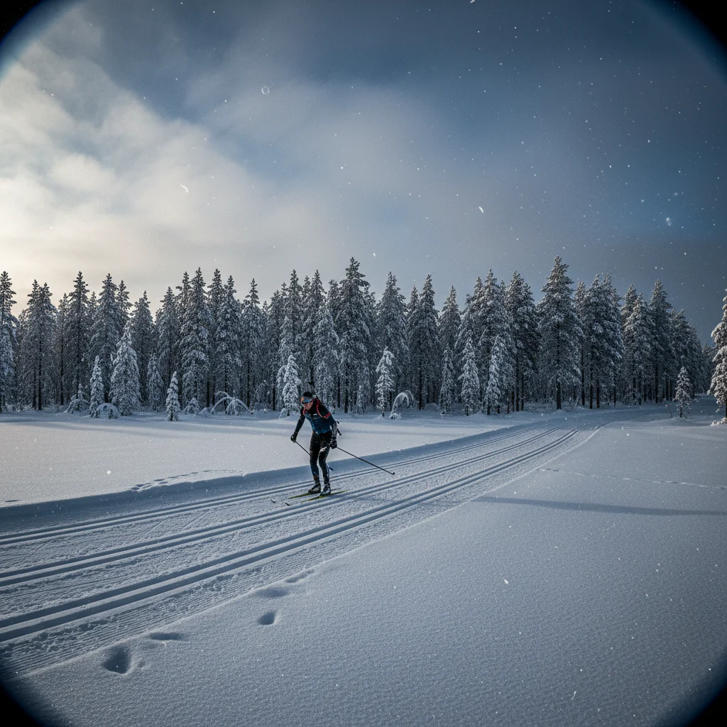 Verschneite Biathlon-Loipe in norwegischer Berglandschaft