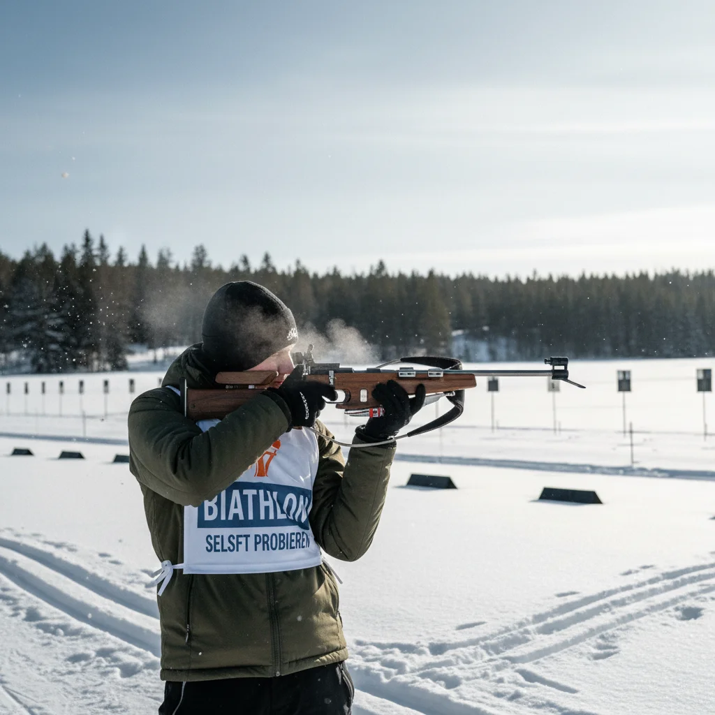 Touristen probieren Biathlon-Schießen auf dem Schießstand