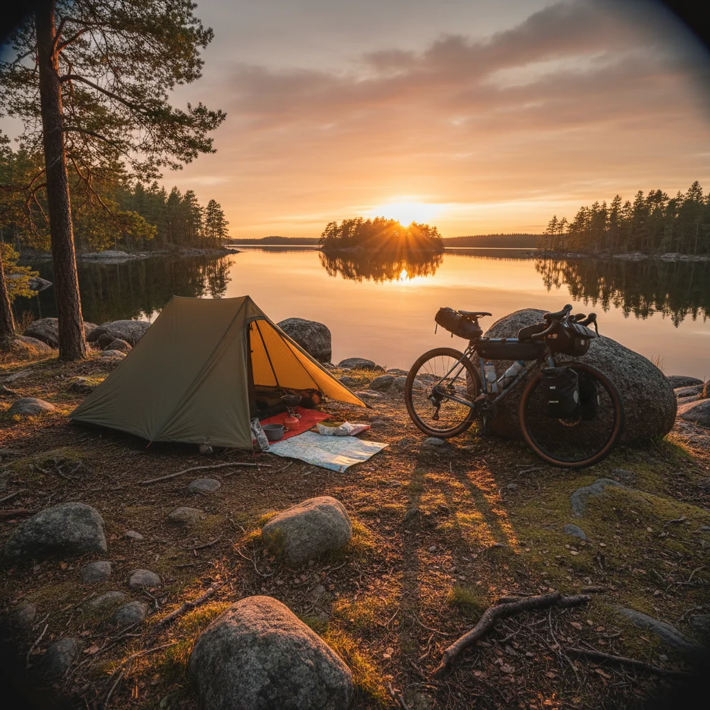 Bikepacking-Camp an einem schwedischen See bei Sonnenuntergang mit Zelt und Fahrrad