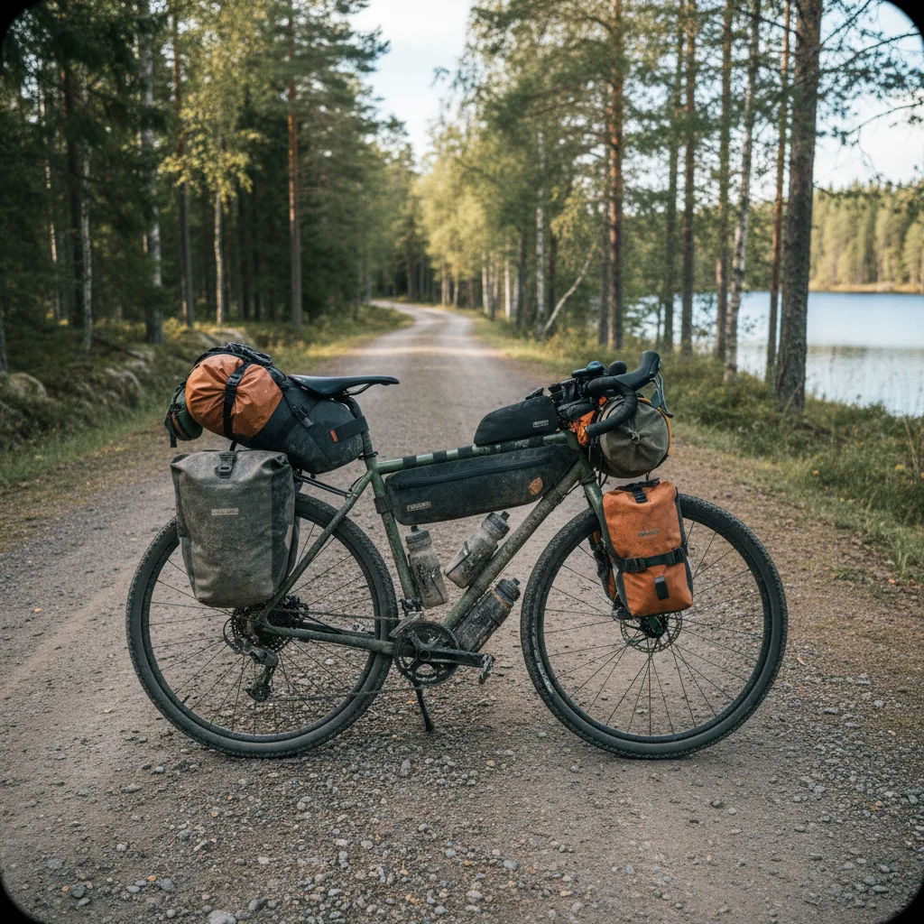 Gravelbike voll gepackt mit Bikepacking-Taschen, bereit für eine Tour in Schweden