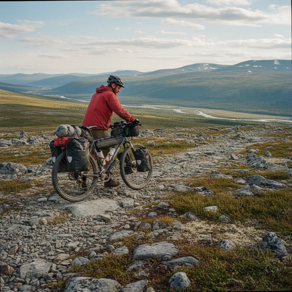 Bikepacker schiebt sein Rad über einen steinigen Fjällpfad in Nordschweden mit weiter Berglandschaft
