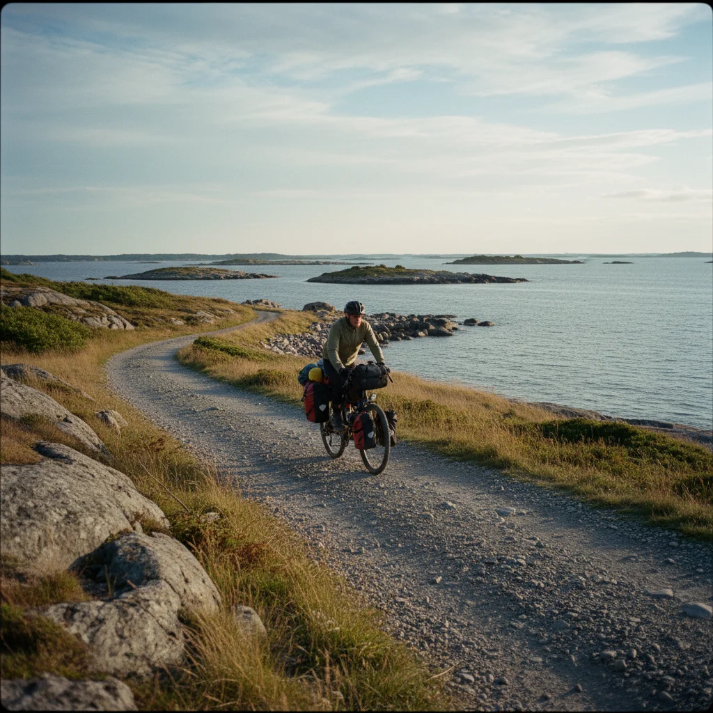 Bikepacker auf einem Küstenweg an der schwedischen Westküste mit Meerblick