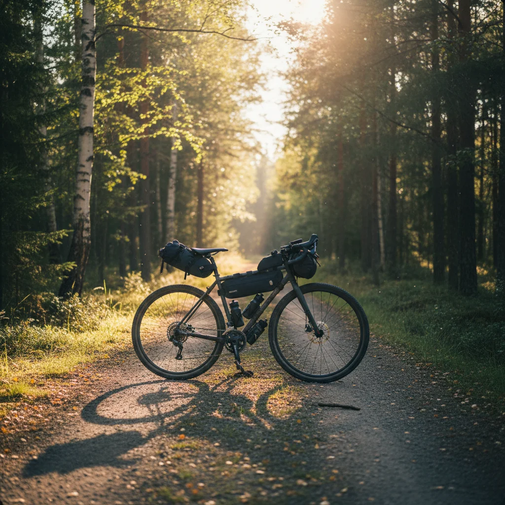 Gravelbike mit Taschen auf einem Waldweg in Schweden, Sonnenlicht fällt durch die Bäume