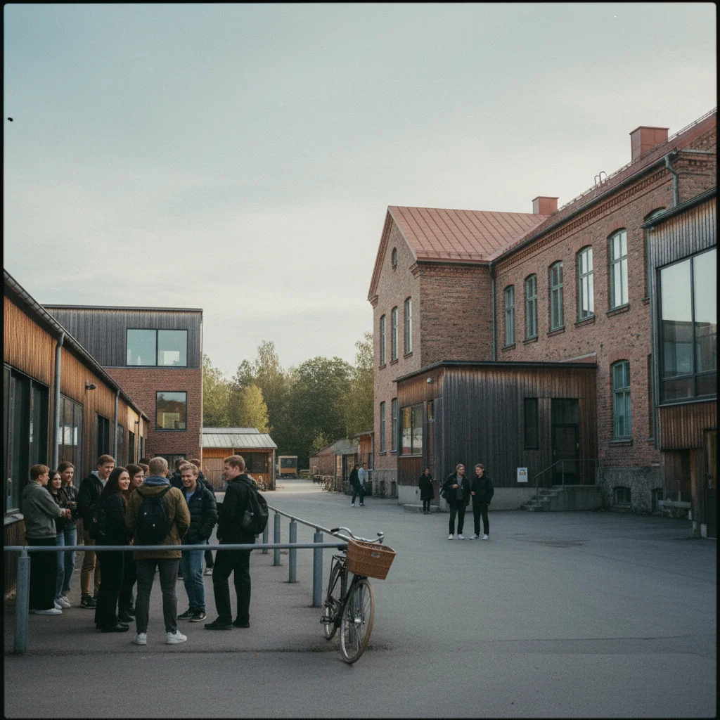 Finnischer Schulhof mit spielenden Kindern in der Pause