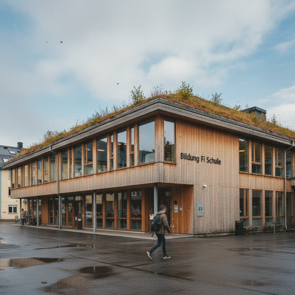 Moderne finnische Schule von außen mit klarer Architektur