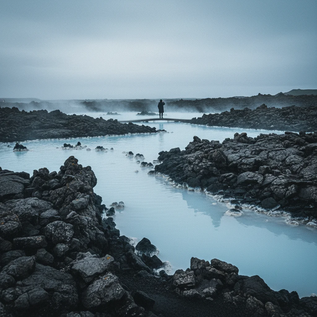 Milchig-blaues Wasser der Blauen Lagune in Island umgeben von schwarzem Lavagestein