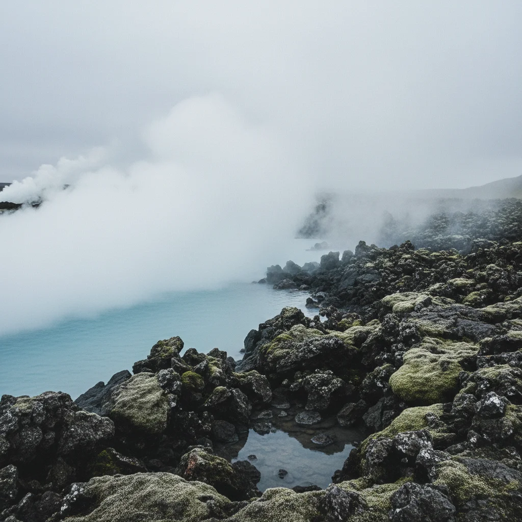 Dampf steigt über der Blauen Lagune auf mit Lavafelsen im Vordergrund