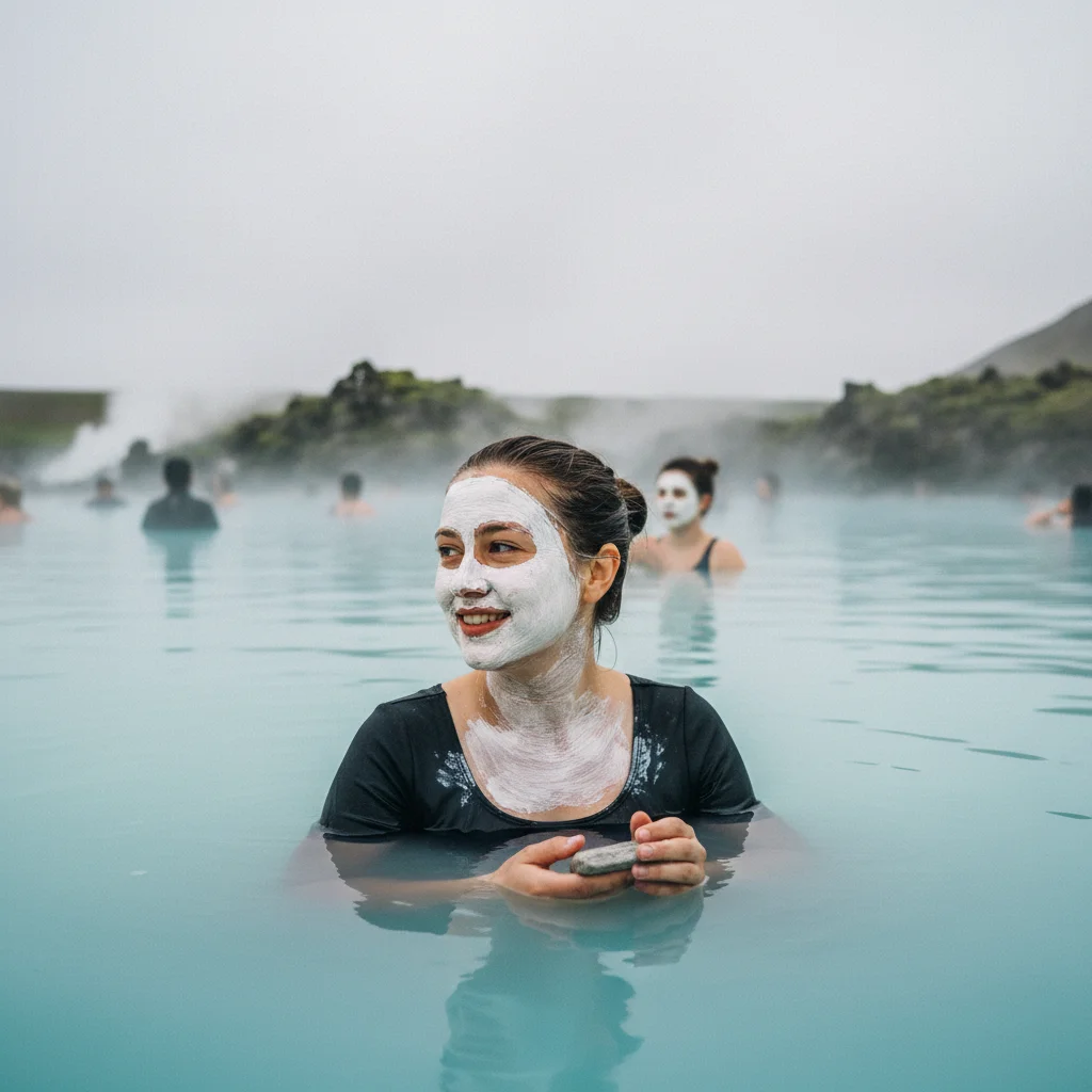 Besucher mit weißer Kieselerde-Maske im Gesicht in der Blauen Lagune
