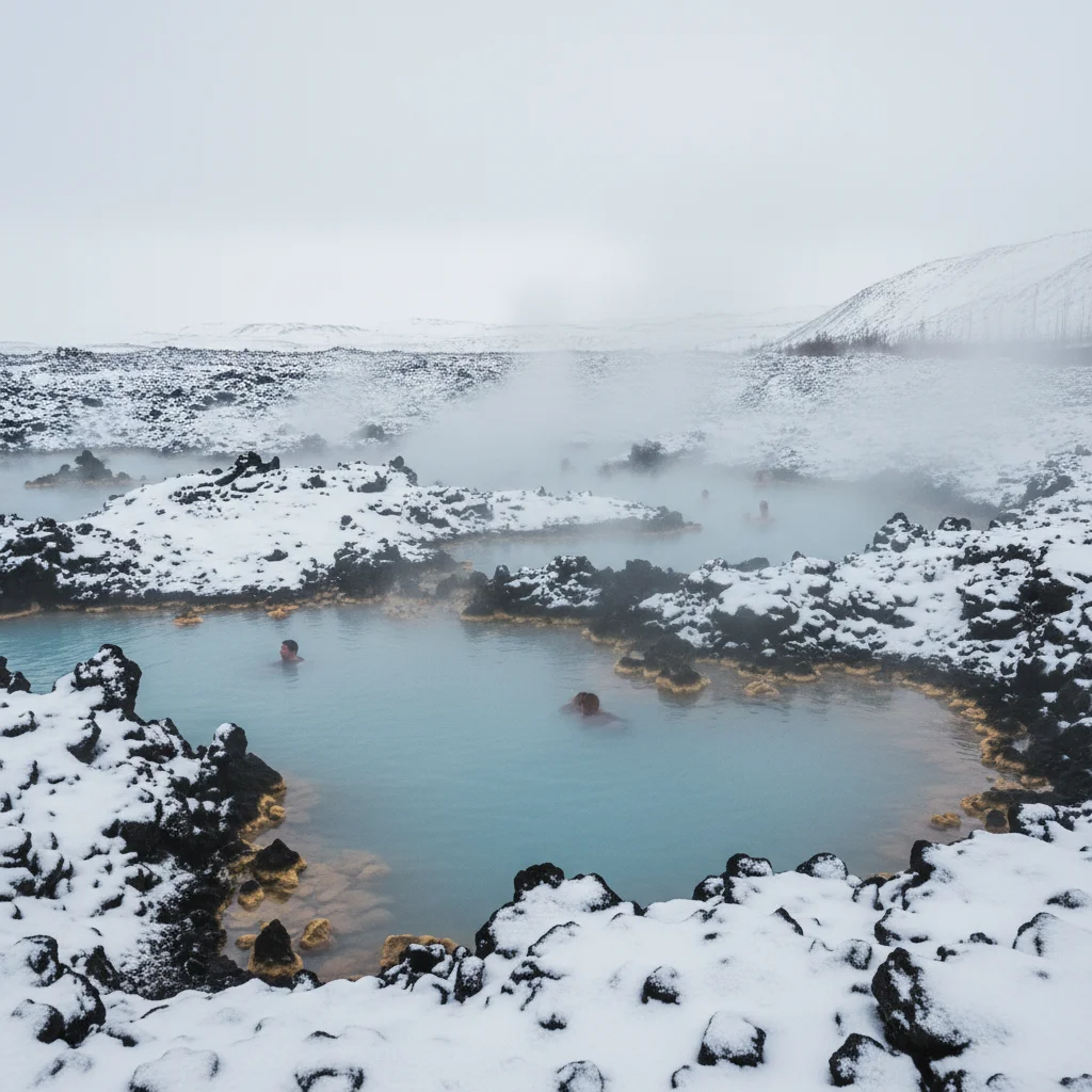 Blaue Lagune im Winter mit Schnee auf dem Lavagestein und dampfendem Wasser