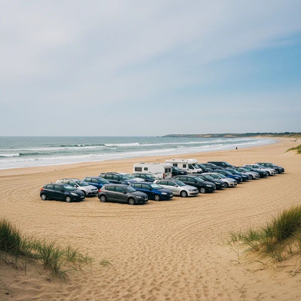 Autos parken am breiten Sandstrand von Blokhus