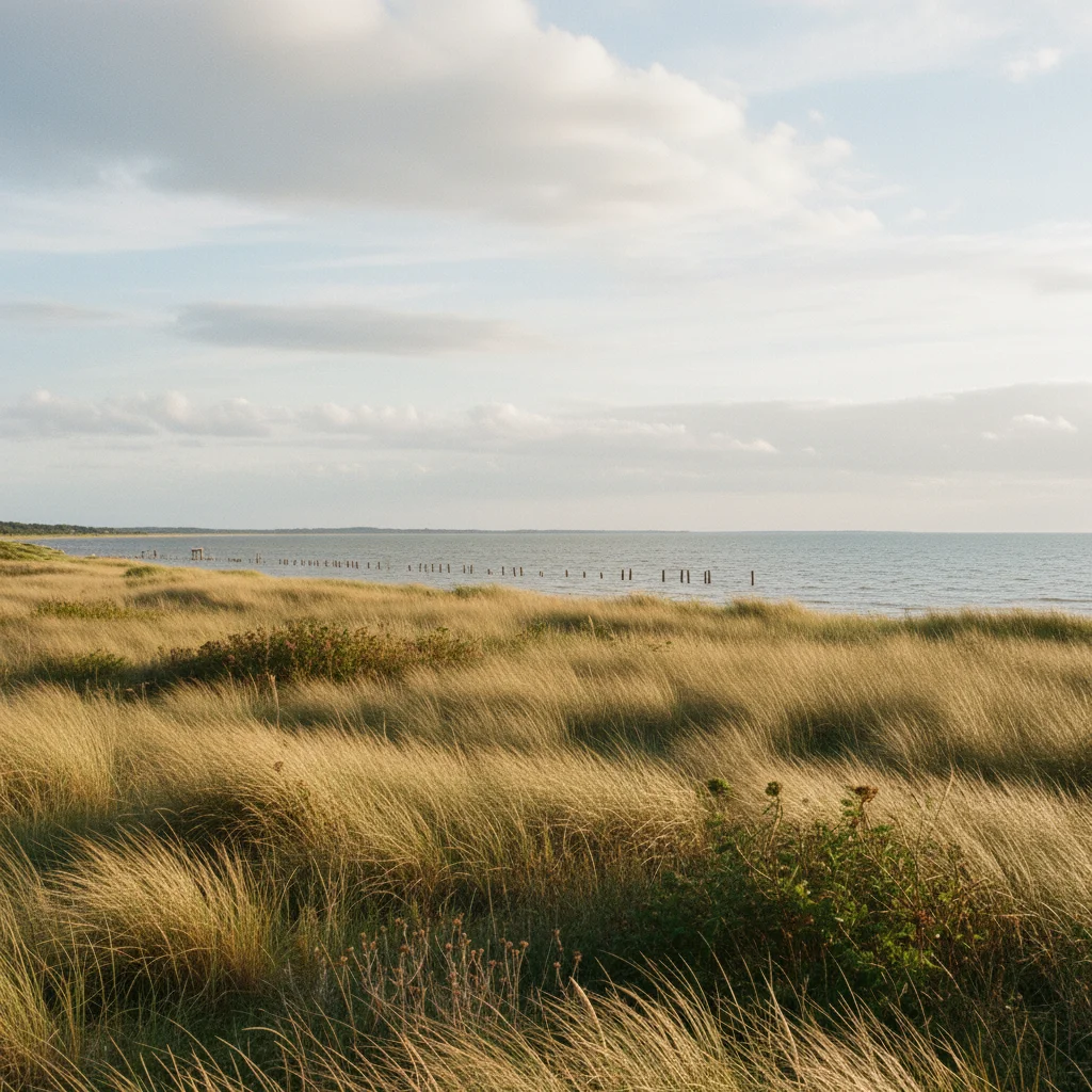 Die ruhige Küste von Bogø mit Strandwiesen und Blick auf die Ostsee
