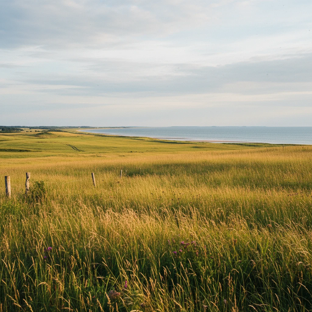 Weite Felder auf Bogø mit Blick zur Küste und der Ostsee