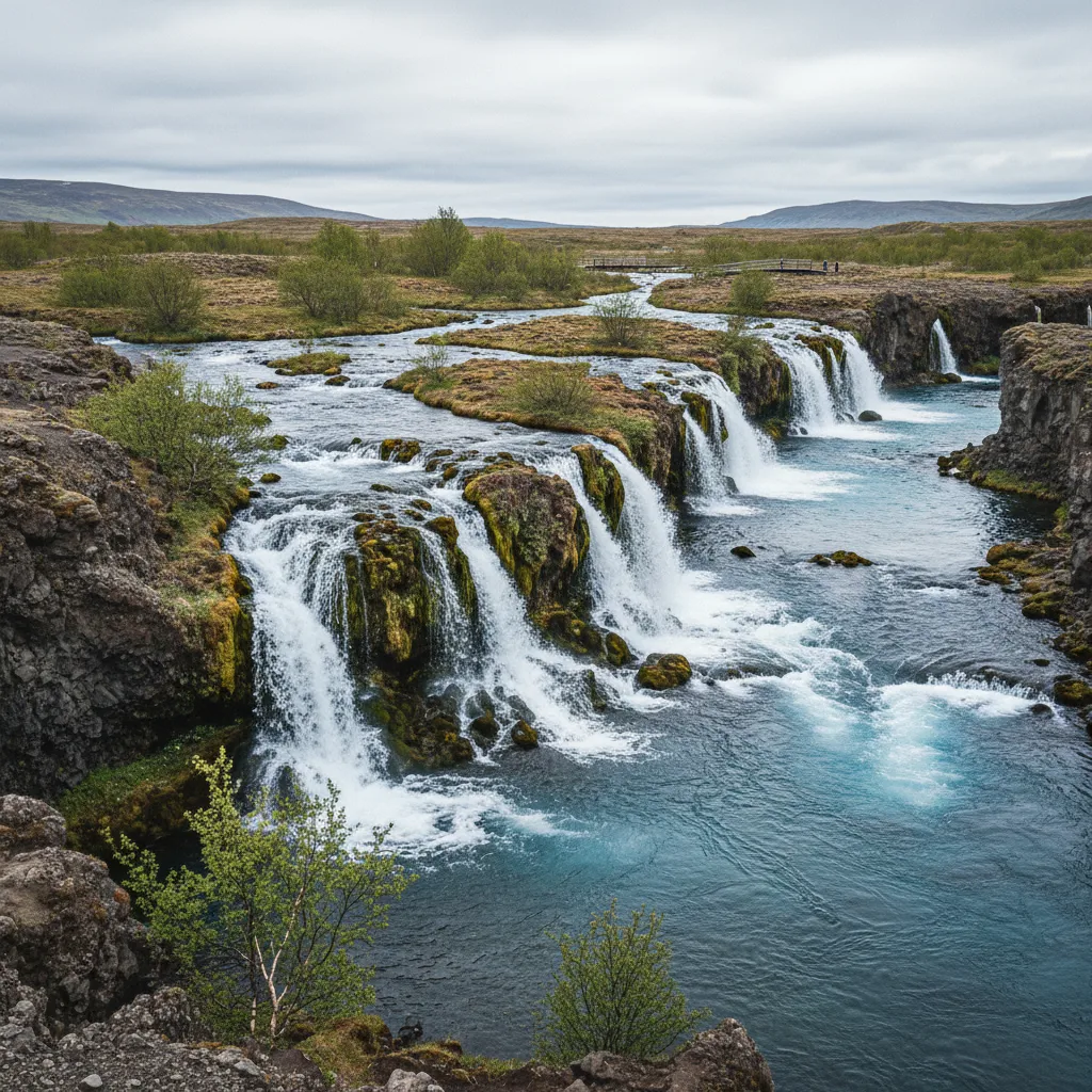 Hraunfossar Wasserfälle in Westisland mit klarem Gletscherwasser