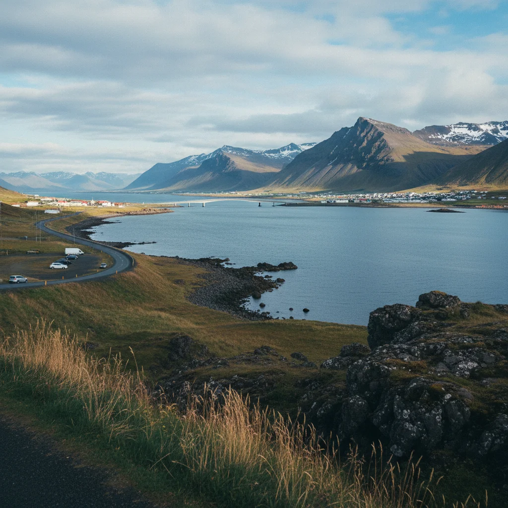 Borgarnes mit Blick über den Borgarfjörður und die Berge Westislands