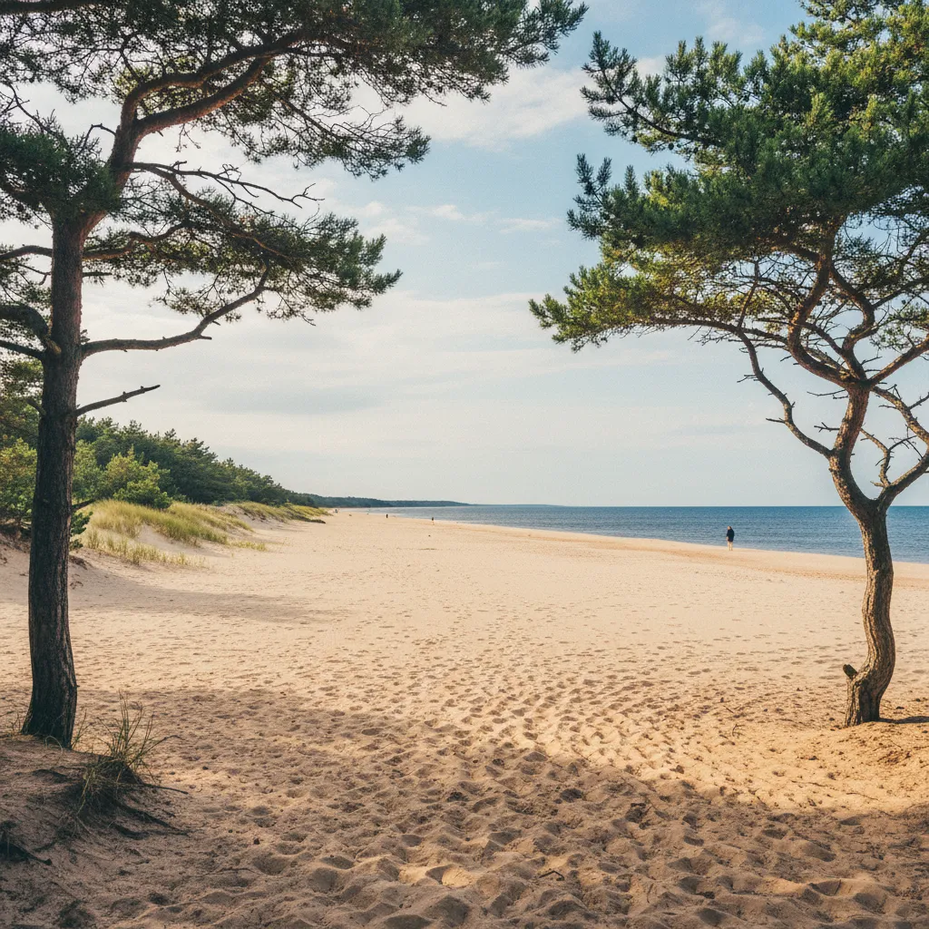 Der feine Sandstrand von Dueodde auf Bornholm mit Kiefern